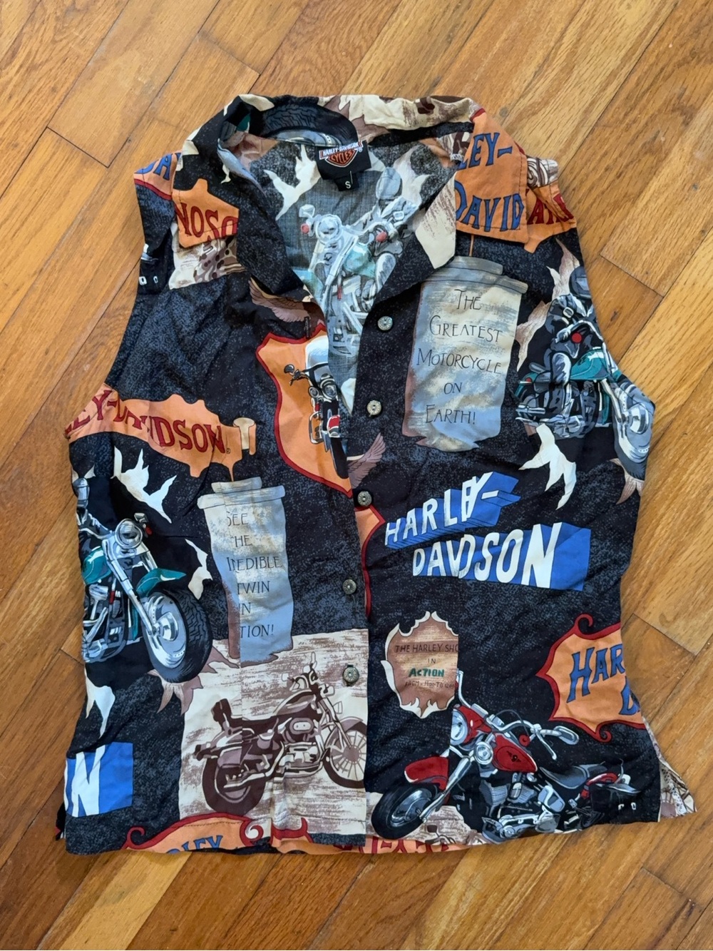 Vintage Harley-Davidson Sleeveless Black Motorcycle Print Button-Up Shirt